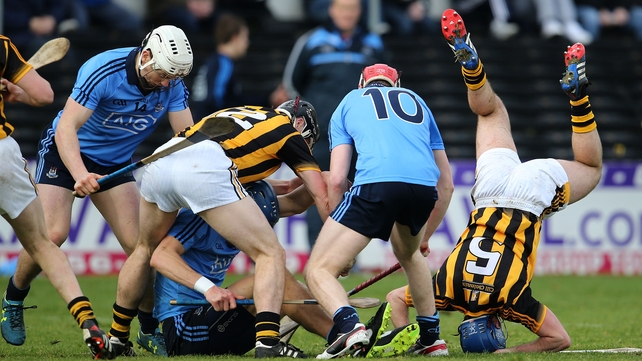 Dublin's Liam Rushe, Chris Crummey and Colm Cronin battle for possession against Matthew Ruth and an upside-down Brian Kennedy of Kilkenny