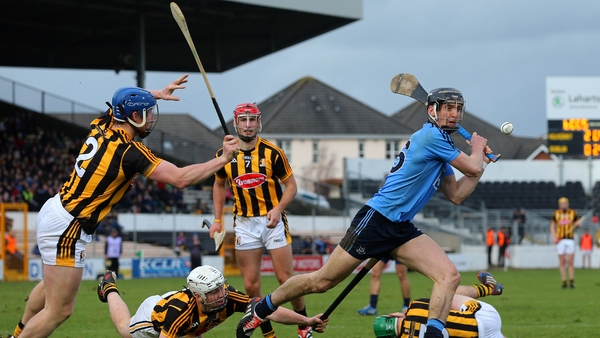 Dublin's Mark Shutte scores a point despite the efforts of Kilkenny's Tomas Keogh, Lester Ryan and Cillian Buckley