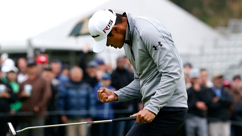 James Hahn shows his delight after sinking the winning putt