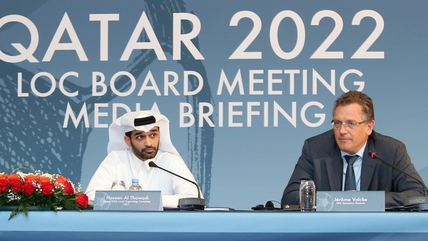 Jerome Valcke with Hassan al-Thawadi, head of the Qatar 2022 World Cup organising committee