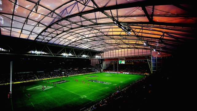 Forsyth Barr Stadium in Dunedin, New Zealand hosts the Super Rugby match between the Highlanders and the Crusaders