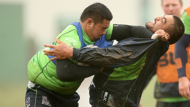 Mata Fafita and Rodney Ah You don't hold back at a Connacht training session at the Sportsground, Galway