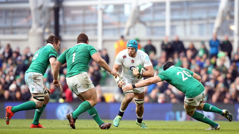 England's James Haskell surrounded by Irish players during the Six Nations clash