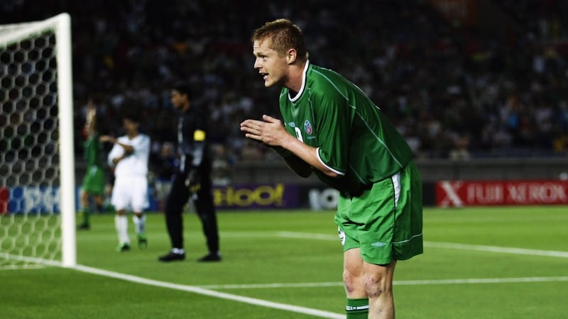 Damien Duff celebrates his goal during the World Cup Finals in 2002 at the International Stadium in Yokohama
