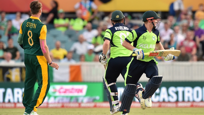 Ireland's Paul Stirling and William Porterfield run between the wickets during the 2015 Cricket World Cup Pool B match between Ireland and South Africa