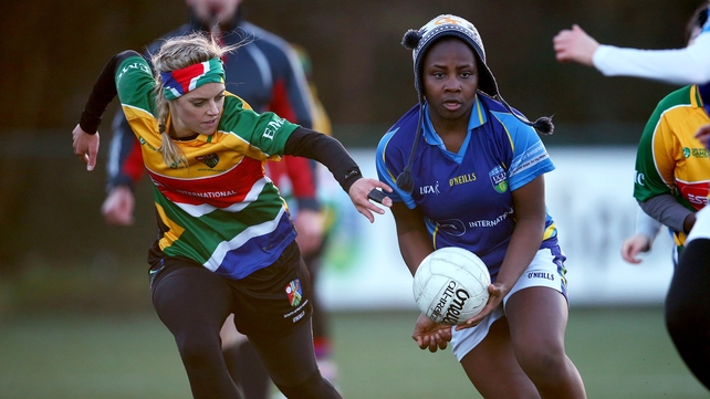 Ezet Roos from South Africa Gaels ladies team and Doyinsola Ishola from UCD International ladies GAA team during a challenge match at UCD Belfield on Wednesday