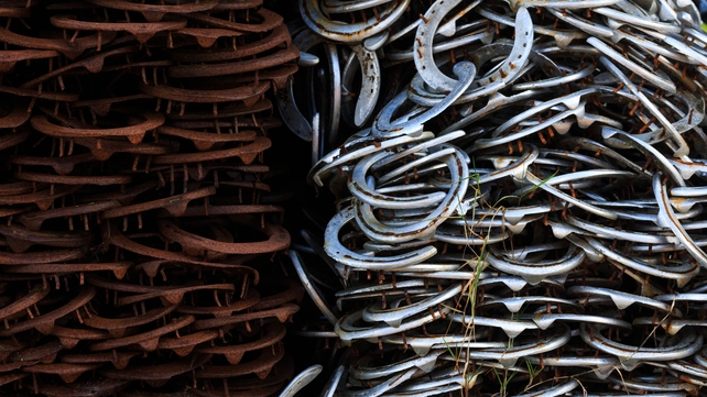 Used horseshoes in trainer Gary Moore's yard during the visit to Cisswood Racing Stables, West Sussex