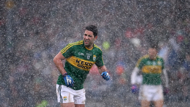 Bryan Sheehan in a heavy hail shower during the Dublin vs Kerry game on Sunday
