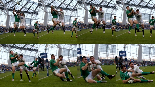 Robbie Henshaw beats Alex Goode in the air to score Ireland's try during the six Nations game on Sunday
