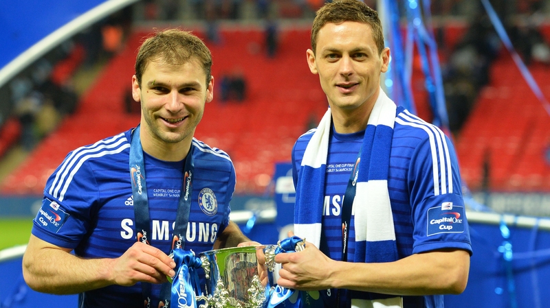 Nemanja Matic (R) with team-mate Branislav Ivanovic and the League Cup