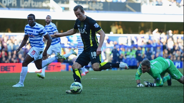 Harry Kane beats the QPR offside trap to scores his second goal at Loftus Road