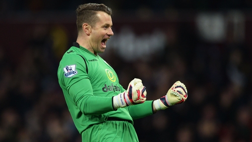 Shay Given celebrates Fabian Delph's goal