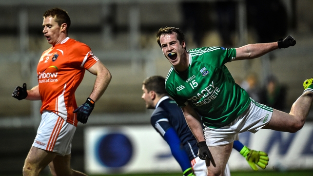 Fermanagh's Ruairi Corrigan celebrates scoring against Armagh