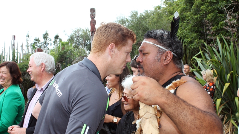Kevin O'Brien is welcomed by a Maori man during a ceremony in Hamilton
