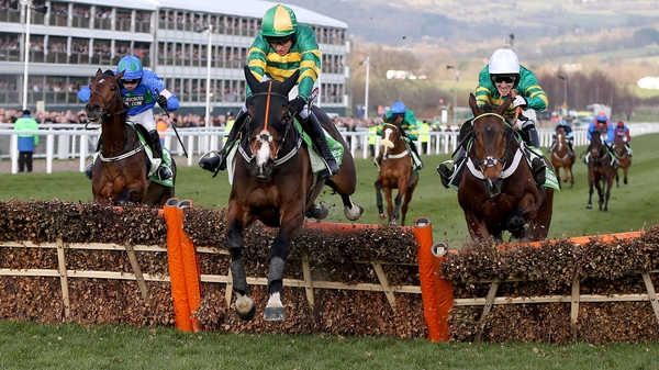 Jezki lands ahead of My Tent Or Yours (R) and Hurricane Fly (L) in last year's Champion Hurdle