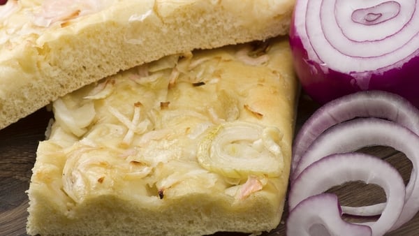 Soda Focaccia with Red Onions, Olives and Rosemary