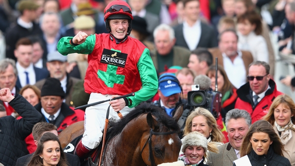 Sam Twiston-Davies celebrates on Dodging Bullets