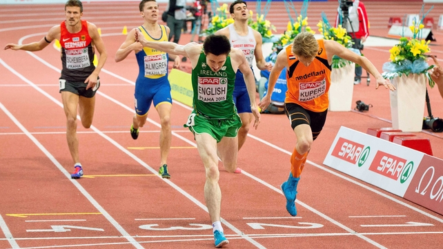 Ireland's Mark English takes the silver medal ahead of Thijmen Kupers of the Netherlands in the Men's 800m Final at the European Indoor Championships on Sunday