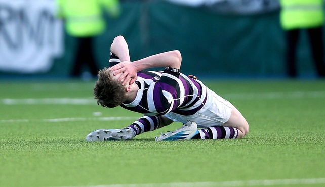 Terenure's James Nolan celebrates at the final whistle after his school's win over Cistercian College Roscrea in the Leinster Junior Cup on Tuesday
