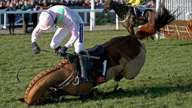 Both Ruby Walsh and Annie Power were okay after this terrible looking fall at the final hurdle during the Mares' Hurdle on Tuesday