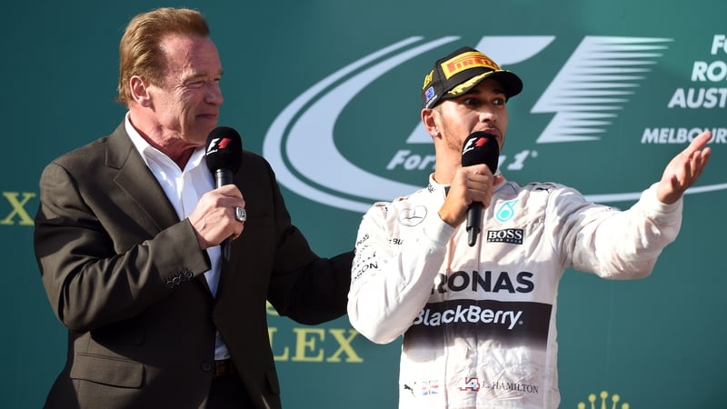 "I thought you were taller!" Lewis Hamilton quipped to Arnold Schwarzenegger, who conducted the podium interview