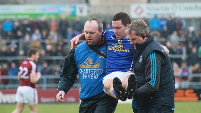 Cavan's Ronan Flanagan leaves the field with an injury during the Galway vs Cavan game
