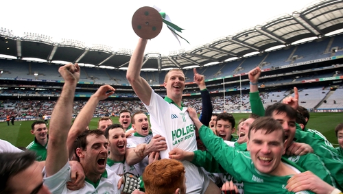 Henry Shefflin holds the cup aloft
