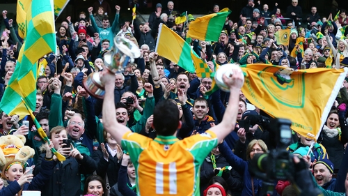 Michael Farragher celebrates in front of the Corofin supporters