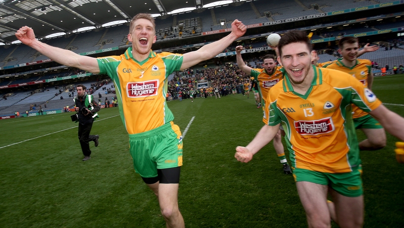 Kieran Fitzgerald (L) and Martin Farragher celebrate at the end of the game