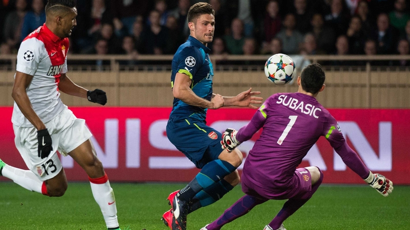 Olivier Giroud en route to scoring Arsenal's opener at Stade Louis II in Monaco