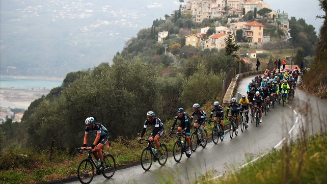 Stijn Vandenbergh of Etixx-Quick Step leads a group of riders on stage six of the Paris-Nice from Vence to Nice