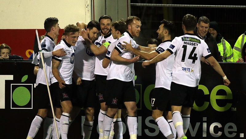 Dundalk players celebrate Brian Gartland's opener at Oriel Park