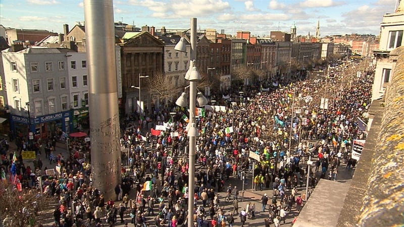 Protesters march along O'Connell Street