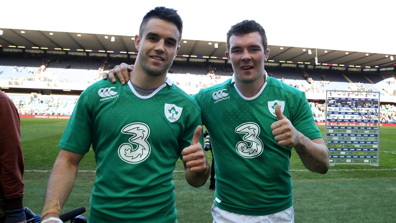 Ireland's Conor Murray and Peter O'Mahony celebrate after the victory over Scotland