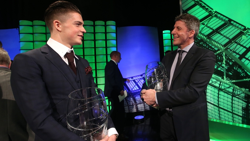 The former Ireland skipper Andy Townsend having a chat with Ireland Under-21 player of the year Jack Grealish