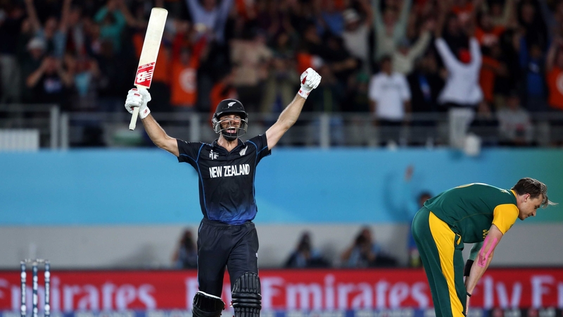 Grant Elliott celebrates hitting the winning runs for New Zealand