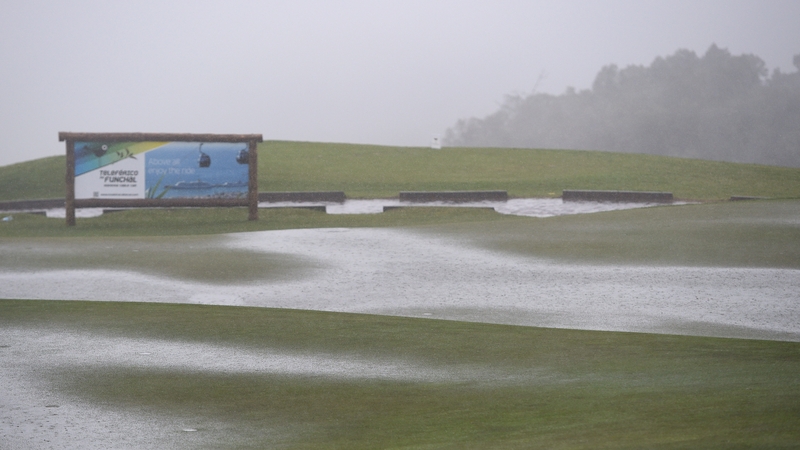 The first tee area and the putting green under water prior to the second and final round of the Madeira Islands Open