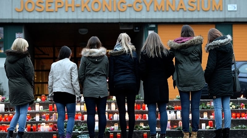 Students gather in front of the Joseph-Koenig-Gymnasium secondary school