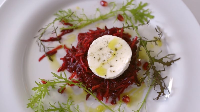 Grated Ruby or Golden Beetroot Salad with Goat's Cheese, Pomegranate and Honey
