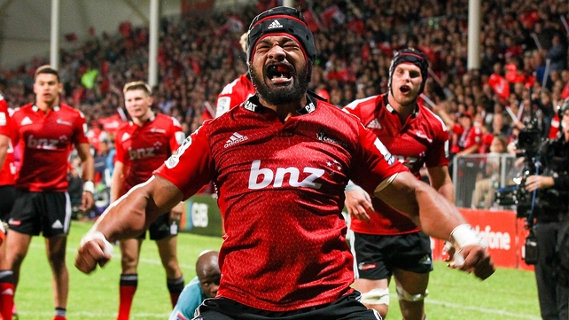 Jordan Taufua of the Crusaders is pretty psyched after scoring a try against the Cheetahs at AMI Stadium in Christchurch, New Zealand