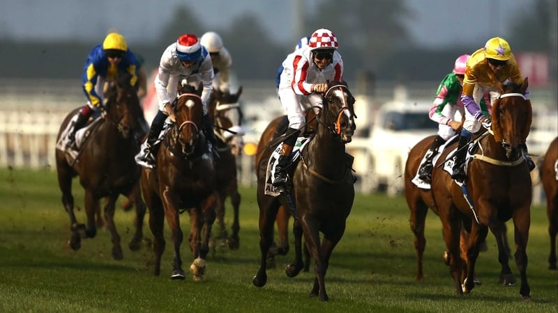 Richard Hughes gives Sole Power a congratulatory tug of the ear after crossing the line in the Al Quoz Sprint