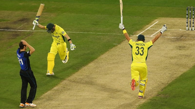 Steve Smith and Shane Watson celebrate the winning runs in the final of this year's Cricket World Cup