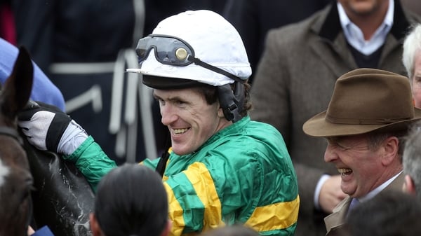 Jonjo O'Neill (R) hopes both he and Tony McCoy will be celebrating a Shutthefrontdoor win at Aintree
