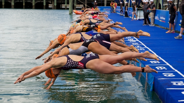 The start of the Women's Elite swim leg at the ITU World Triathlon Series in Auckland, New Zealand
