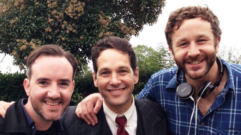 Pic: Rudd (centre) with Chris O'Dowd and Moone Boy co-writer Nick Vincent Murphy on set. Pic: @bigboyler