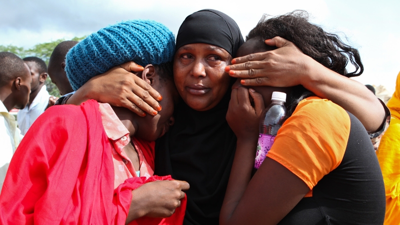 some of the Garissa University students who were rescued, comfort each other after the attack