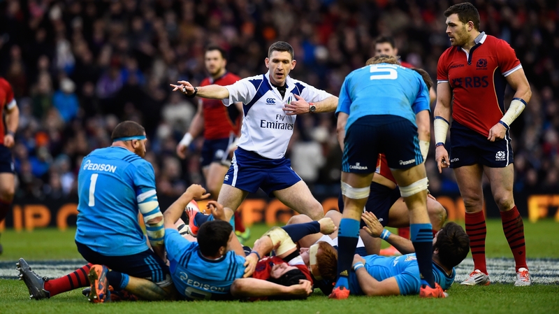 Referee George Clancy makes a decision during the 2015 Six Nations match between Scotland and Italy at Murrayfield Stadium
