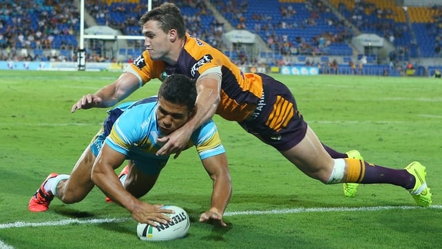 David Mead of the Titans scored a try during the round five NRL match between the Gold Coast Titans and the Brisbane Broncos at Cbus Super Stadium
