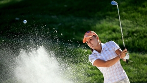 Lexi Thompson of the USA plays her second shot at the par 3, 17th hole during the second round of the ANA Inspiration on the Dinah Shore Tournament Course at Mission Hills Country Club