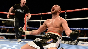 Jon-Lewis Dickinson of England reacts after beating Stephen Simmons of Scotland in their WBC international silver cruiserweight championship boxing contest at the Metro Arena